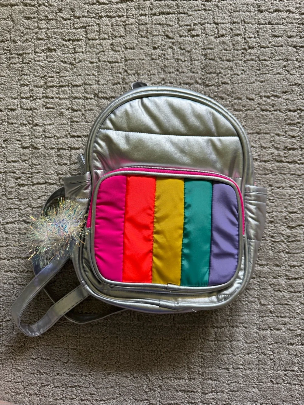 Silver Kids Mini Backpack with Rainbow Front Pocket NWOT Colorful Sparkly Shiny